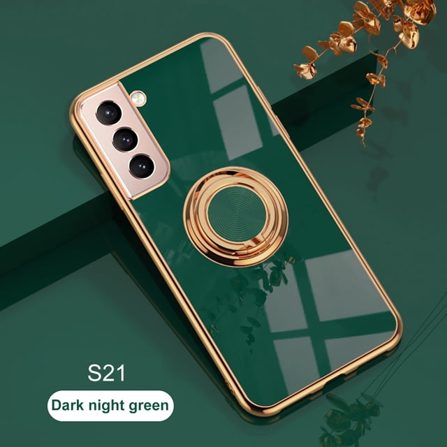 EGNMCR Phone Case for Galaxy S21 5G in dark night green, a protective case with anti-drop reinforced corners and shock absorption TPU material. Features a 360-degree rotating metal ring for grip and stand functionality, precise cutouts for ports, buttons, and camera, and compatibility with magnetic car mounts.