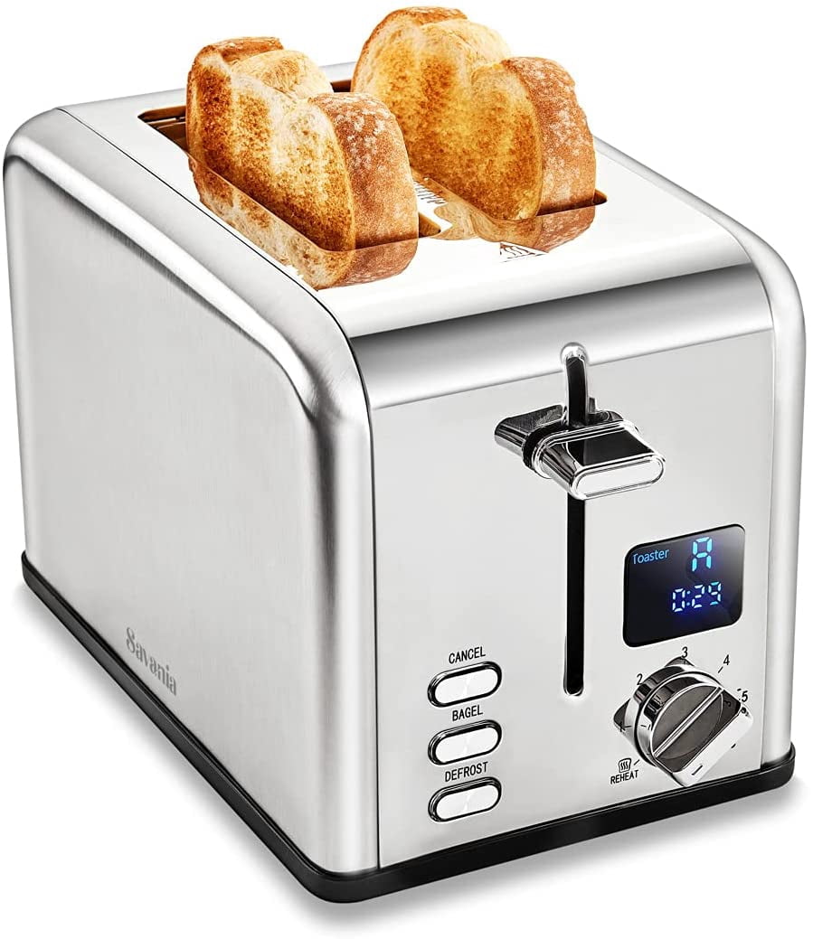 Savania 2-Slice Stainless Steel Bread Toaster, Wide Slot with LCD Display, Control Panels, Bagel/Defrost/Cancel Functions, 6 Setting Shade Dial, Removable Crumb Tray