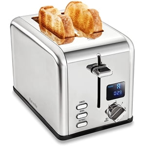 Savania 2-Slice Stainless Steel Bread Toaster, Wide Slot with LCD Display, Control Panels, Bagel/Defrost/Cancel Functions, 6 Setting Shade Dial, Removable Crumb Tray