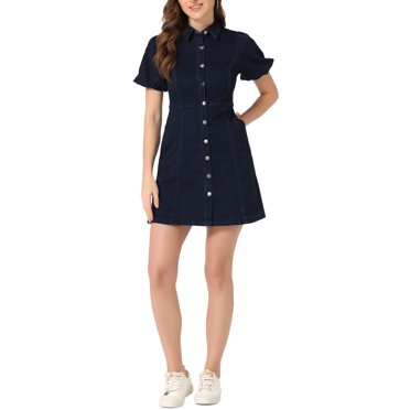 INSPIRE CHIC Robe en Denim pour Femme à Manches Courtes Bouffantes, Robe Chemise à Boutons Bleu Foncé TP
