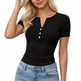 thumbnail image 1 of cfhntfmh Henley Shirts for Women Summer Short Sleeve Tops V Neck Basic Tees Fitted Ribbed Button up Beach Vacation Shirts, 1 of 6