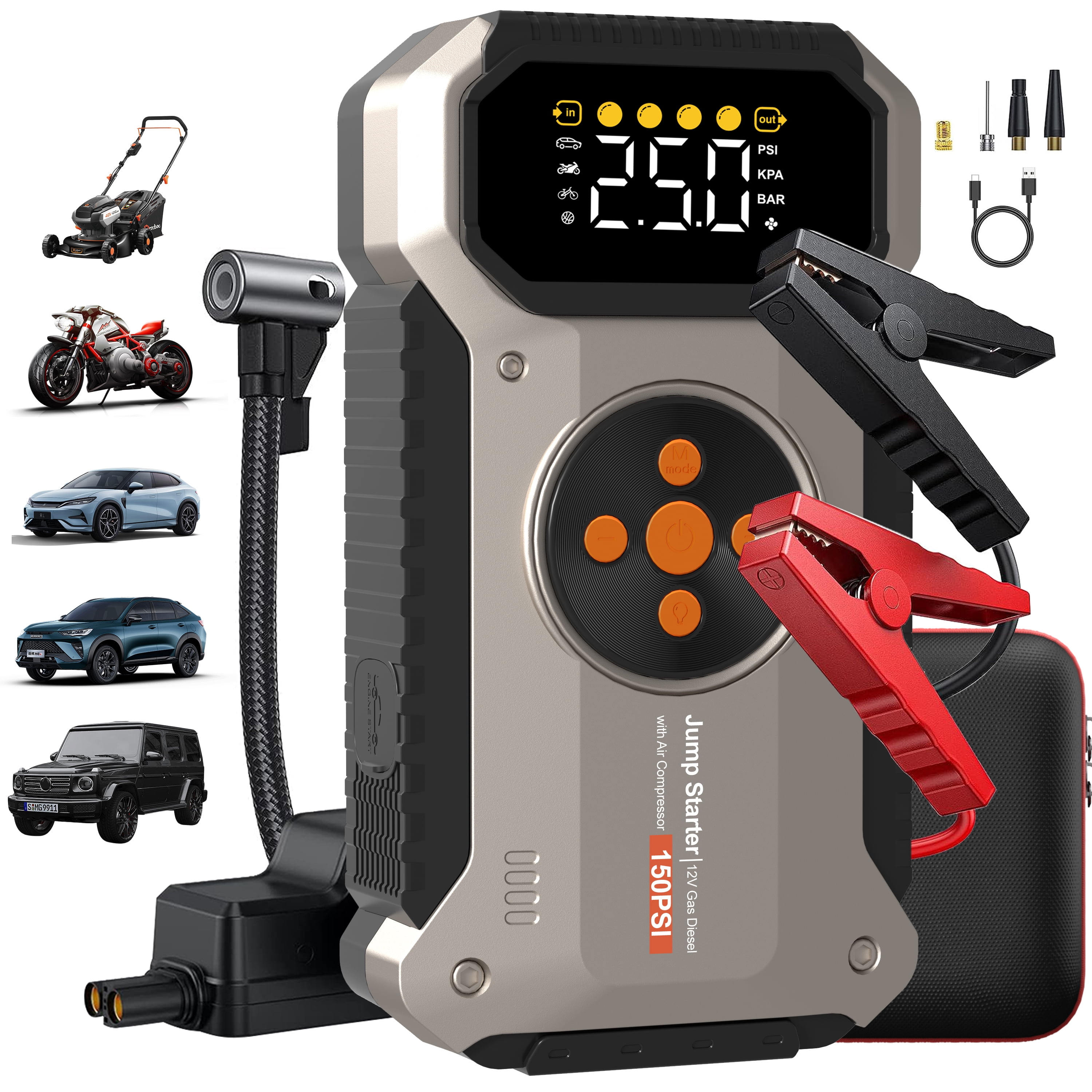 Geeneu Jump Starter with Air Compressor, Portable Jump Box 5000A Peak Car Battery Pack with 150PSI Digital Tire Inflator for 8.5L Gas or 7.0L Diesel