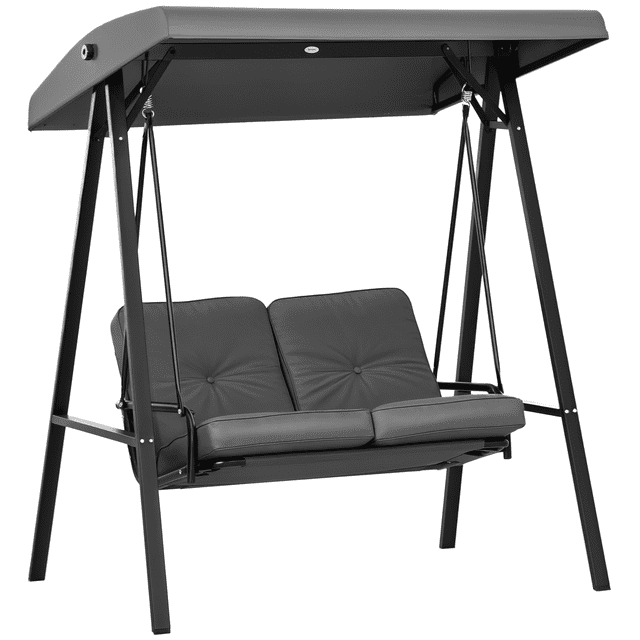 Outsunny 2 Seater Outdoor Swing Chair Porch Swing Bench with Canopy in dark grey. Designed with a corrosion-resistant powder-coated steel frame, adjustable canopy for sun and rain protection, and thick padded cushions for added comfort. Ideal for patios, decks, porches, or poolside areas. Dimensions: 57 inches long, 45.75 inches wide, and 67.75 inches high. Weight capacity: 484 lbs.
