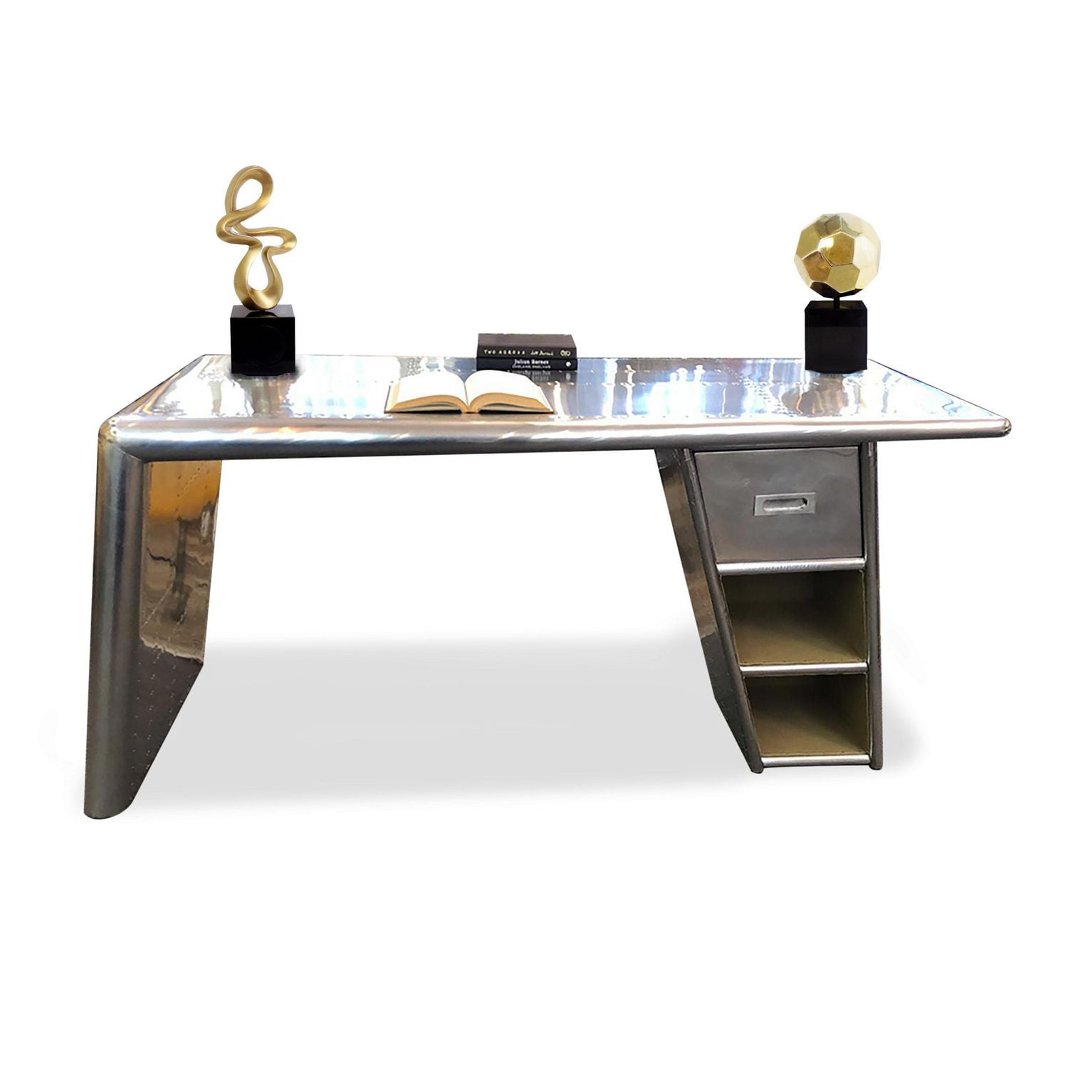 Roadney Desk with Polished Finish, Metal Desk, Riveted Aluminum Desk, Polished Desk, Metal Desk with Shelves, Office Desk, Study Desk