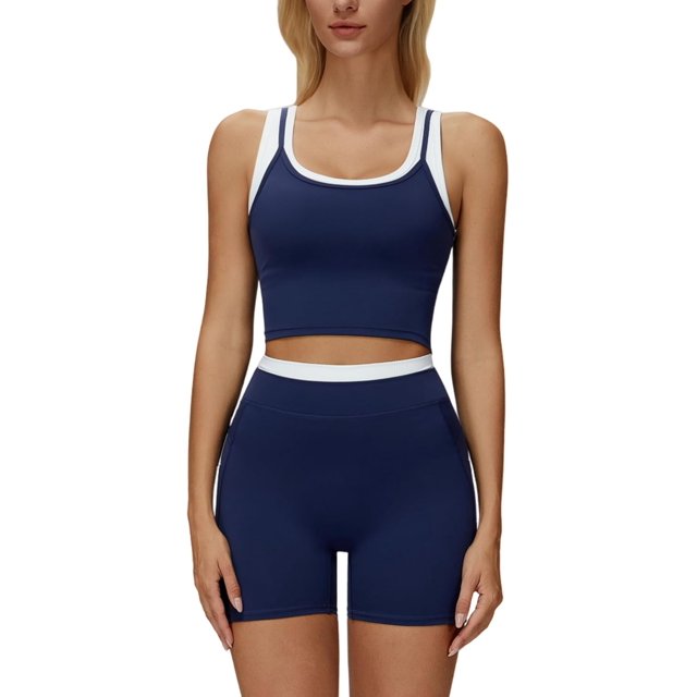 PISONIC Women Two Piece Workout Sets Color Block Backless Tank Top and High Waist Booty Lifting Shorts Gym Yoga Active Outfits