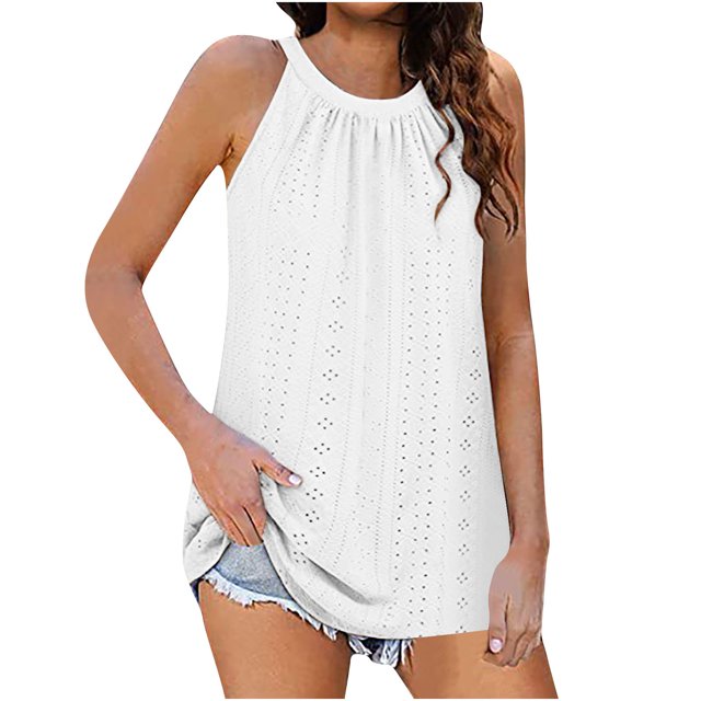 Timegard Camisole à Oeillets pour Femmes Col Rond Froncée Sans Manches Confortable Décontractée T-Shirts Été