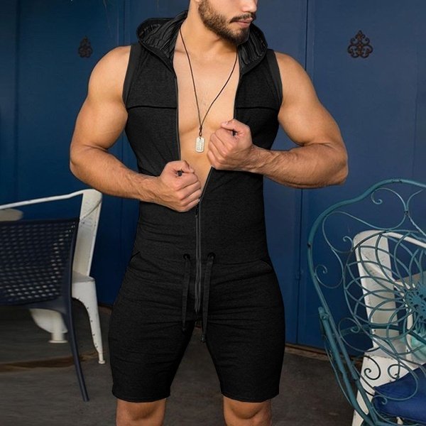 Men麓s One Piece Tight Fitness Jumpsuit Zipper Sleeveless Hooded Rompers Pants with Pockets