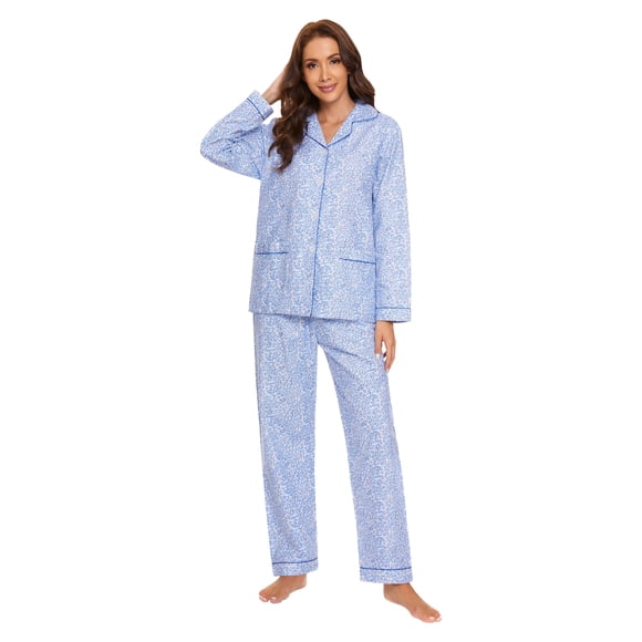 GLOBAL Women's Flannel Pajama Set - 100% Cotton, Button Down Top & Drawstring Pants | Warm Winter Sleepwear for Canada