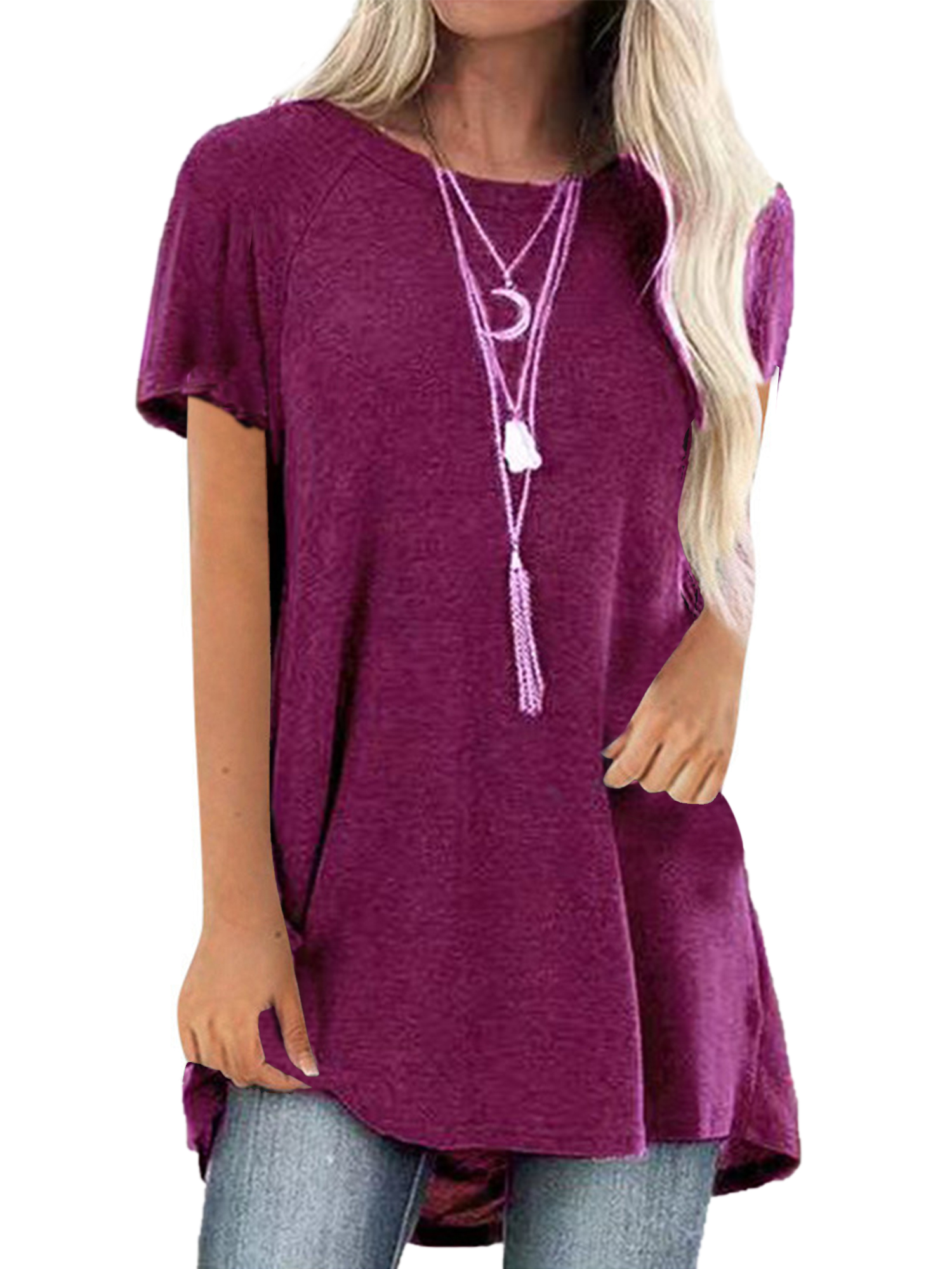 LUXUR T-Shirt pour Femme à Manches Courtes T-Shirt Haut Uni Blouse Décontractée Col Rond Rouge Vin m