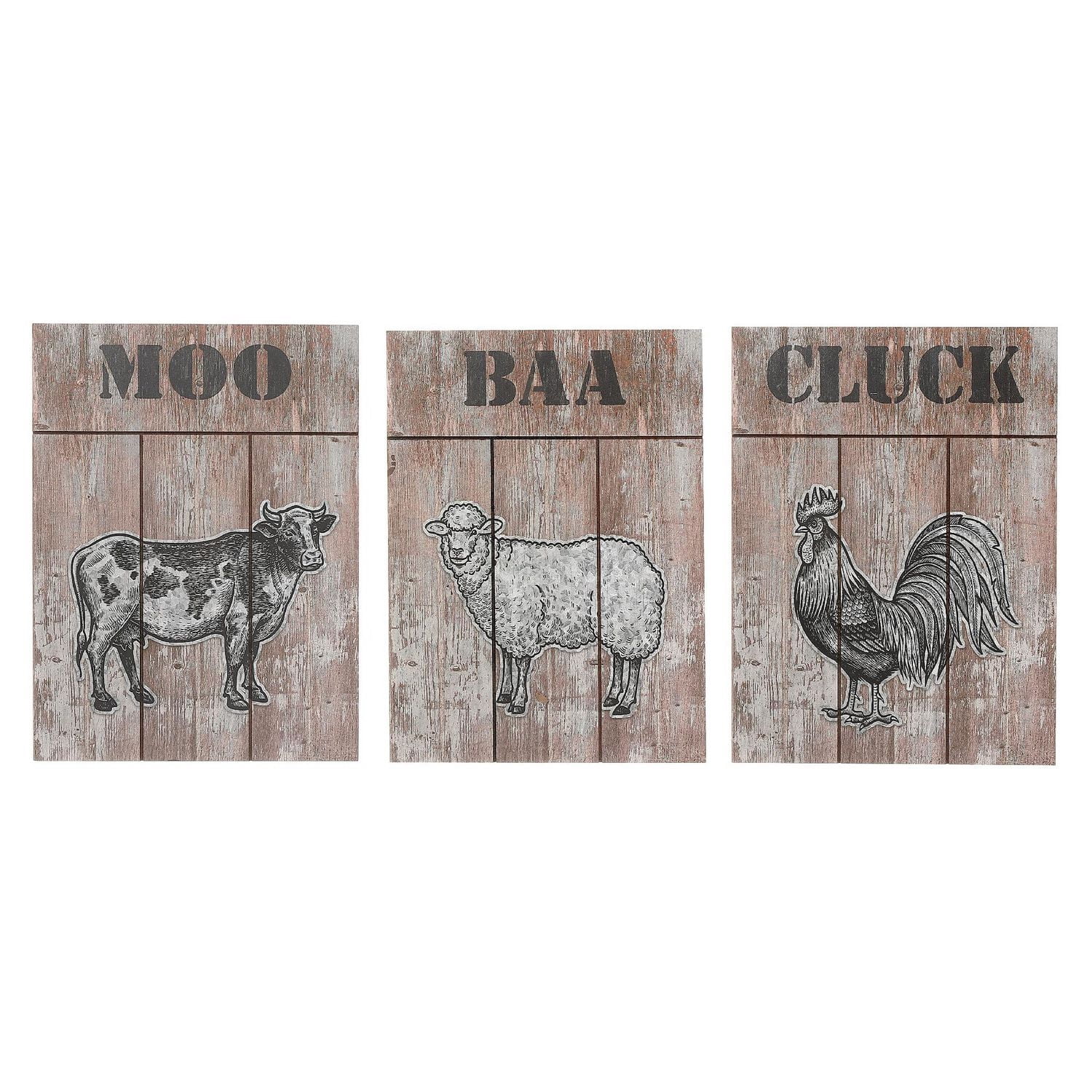 Signe Du Mur De Bois Avec Accent Métallique (Animaux De Ferme) (Asstd) - Ensemble De 3