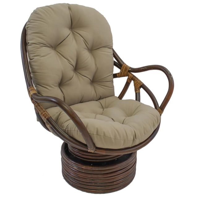 48-inch by 24-inch solid twill swivel rocker cushion in a toffey colour, featuring a tufted design and premium twill fabric. The cushion is placed on a wooden swivel rocker frame, which is not included with the product.