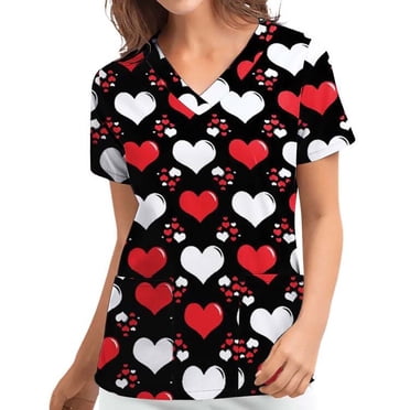 TopLLC Hauts de Sarrau d'Uniforme de Travail pour Femmes, Imprimés de Cœurs, Col en V, Manches Courtes, T-shirts de Couleur Unie avec Poches, Blouses Douces à Motif Imprimé