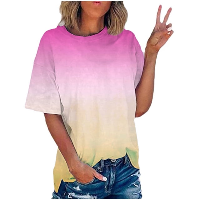 Timegard Plus Size Tops for Women Gradient Color Short Sleeve Round Neck T Shirts Casual Trendy Tunic Blouses