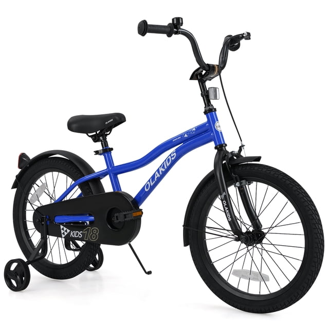 OLAKIDS Kids Bike in blue with 18-inch wheels, featuring detachable training wheels, adjustable seat and handlebar, handbrake, rear coaster brake, and enclosed chain guard. This children's bicycle is designed for kids aged 3+ years, with a sturdy steel frame, ergonomic foam seat, and non-slip rubber tires for comfort and safety.