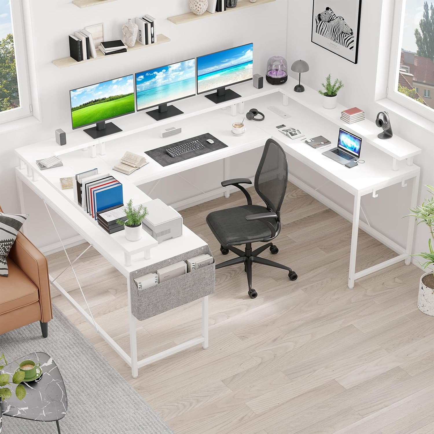 U Shaped Desk with Power Outlets & LED Lights, 79" Reversible L Shaped Desk, Corner Computer Desk Office Desk with Full Monitor Stand, White
