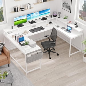 U Bureau en forme avec sorties d'alimentation & LED Lumières, 79" Bureau en forme de L réversible, bureau d'ordinateur d'angle Bureau avec support de moniteur complet, blanc