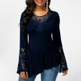 thumbnail image 1 of Women's Long-Sleeved Lace Stitching Shirts Round Neck Irregular Blouses Tops, 1 of 1