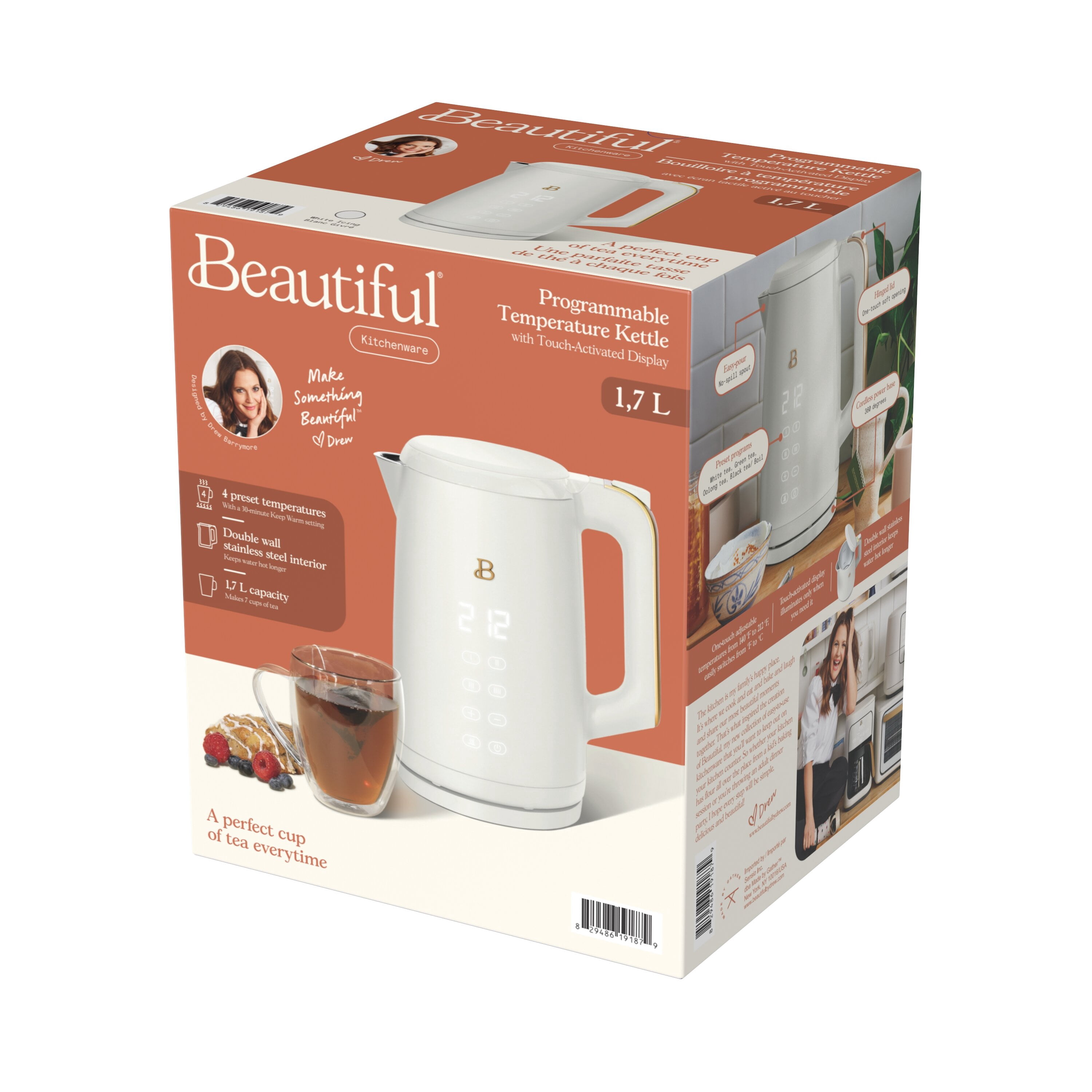 Bouilloire électrique Beautiful par Drew Barrymore – 1,7 litre, 1500 W, activation à une touche