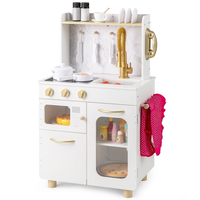 Gymax Kids Kitchen Set Pretend Play Kitchen featuring stoves, a microwave, an oven, and a sink with a pull-down faucet. The white wooden playset includes gold accents, rotary knobs, and a telephone for interactive play. It has ample storage with cabinets, hooks, and shelves for organizing accessories like a pan, pot, dishes, utensils, seasoning bottles, and a recipe card. Designed for children aged 3 and above, the set promotes creativity and skill development. Dimensions: 21'' x 12'' x 32'' (L x W x H).