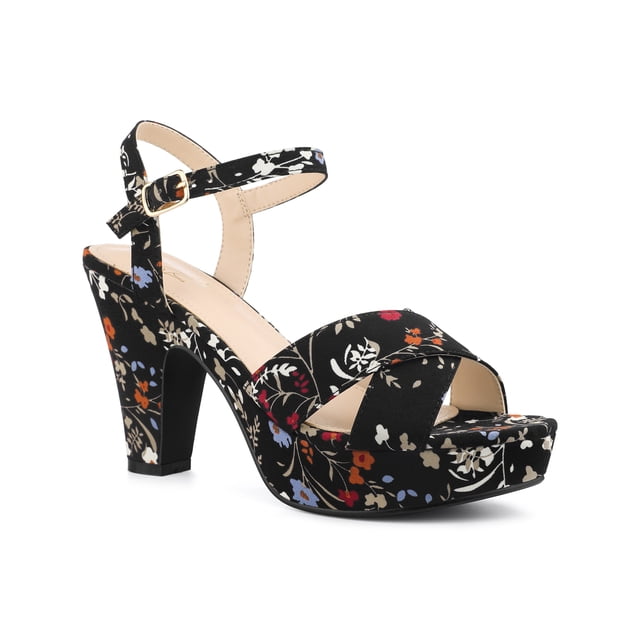 BLISSFUL STEP Women's Shoes Floral Pattern Platform Chunky Heel Open Toe Slingback Buckle Strap Sandals Black 6