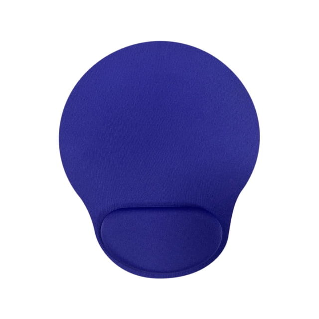 Mouse Pad Wrist Support, a blue mouse pad with an integrated gel wrist support. Made with a neoprene rubber backside to prevent slipping and an EVA frontside for durability. Designed for use with optical, trackball, and mechanical mice. Measures 21 x 25 cm (8.27 x 10 inches).