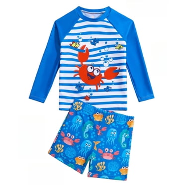 PMVFHDE Ensemble de Bain 2 Pcs pour Tout-Petits Garçons - Maillot Dermoprotecteur à Manches Longues et Shorts à Séchage Rapide Taille Haute avec Imprimé d'Animaux de Dessin Animé pour Plage/piscine 1-Bleu, 1-2 Ans