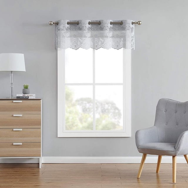 Lisa Knitted Lace Valance Medallion Design with Scalloped Bottom (54" W x 18" L, Silver)