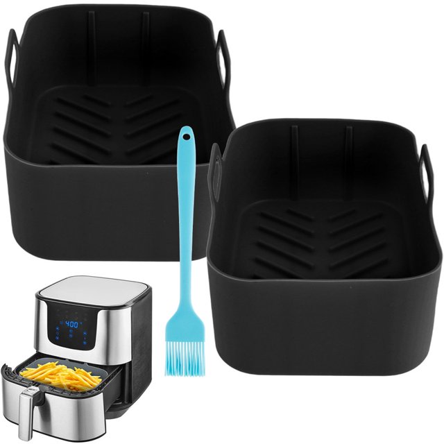 2 Pcs Pot en Silicone pour Friteuse à Air Chaud Compatible avec Friteuses à Double Panier Ninja Doublure Réutilisable avec Poignée Brosse à Huile Tapis de Cuisson en Silicone pour Friteuse à Air