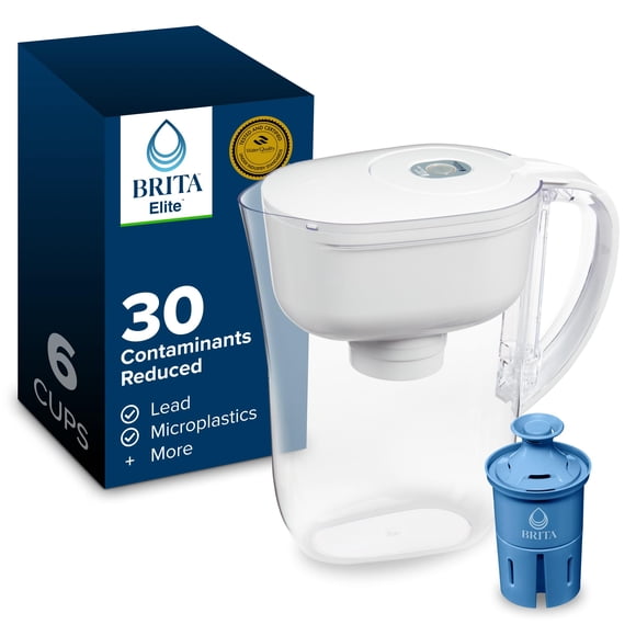 Brita 6 Cup Elite Filter Pitcher with Smart Light Indicator, Reduces 30+ Contaminants including Lead and Microplastics, Filter lasts 6 months, Metro, White