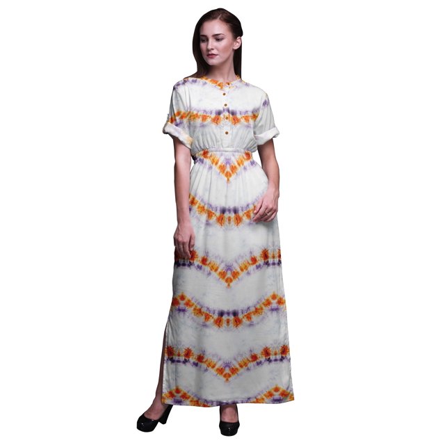 Bimba Robe Longue d'Été en Rayonne Shibori à Imprimé Teinture sur Nœuds, Manches Kimono, Fente, X-Grand