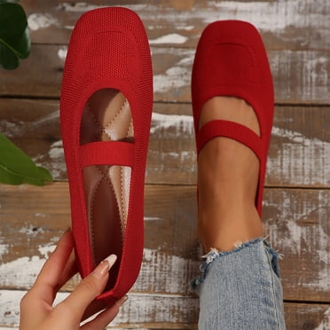 Commforr Mary Jane Shoes Women, Womens Ballet Flats, Loafer Shoes, Women's Mary Jane Flats Shoes Square Toe Casual Ballet Flats Comfortable Knit Dress Shoes for Women Work Office, Red, 8