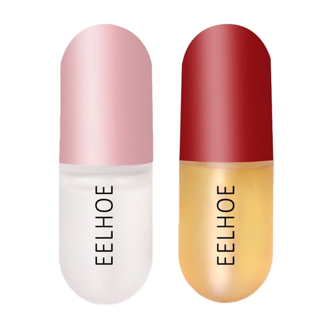 Lip Plumper Lip Gloss Lip Care Serum Lip Enhancer for Fuller Lips, featuring two compact bottles with a capsule-like design. One bottle has a pink cap and clear gloss, while the other has a red cap and golden gloss. Designed for 24-hour care, it moisturizes, smooths, and plumps lips with a non-sticky formula enriched with ginger, mint, collagen, and vitamin E. Suitable for use as a base or topcoat for added gloss and fullness.