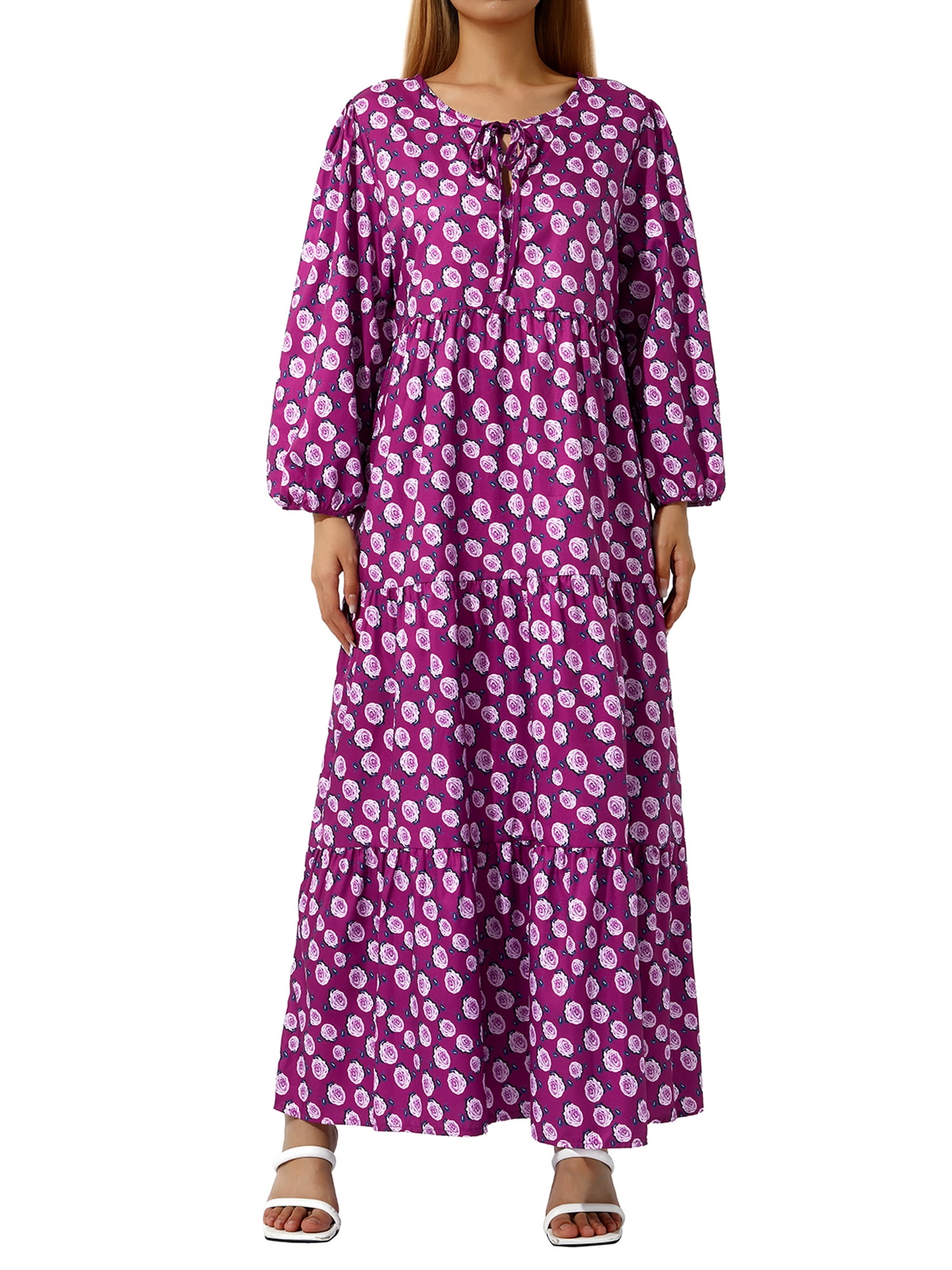 Kmbangi Robe Longue pour Femmes à Imprimé Géométrique, Col en V, Manches Longues Bouffantes, Coupe Ample, Robe Mode pour le Printemps et l'Été