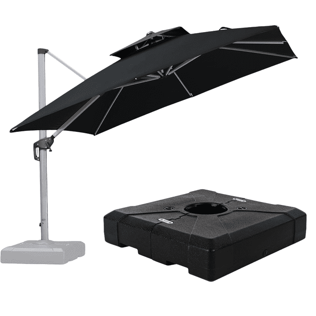 PURPLE LEAF 10FT Deluxe Square Patio Umbrella with Base, Large Offset Cantilever Umbrella with 360° Rotation, Black