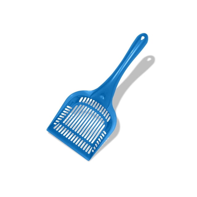 Van Ness Long Handled X Giant Litter Scoop in blue high-impact plastic with a slotted scoop head and extra-long handle featuring a built-in hanger hole, odor and stain resistant for easy cleaning and sifting of cat litter waste.