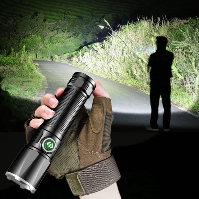Dvkptbk Flashlight LED flashlight with 1000 lumens brightness, featuring a zoomable design and 4 lighting modes. The black ABS flashlight is rechargeable via USB and includes a 1600mAh battery. Ideal for camping essentials, a person holds the flashlight outdoors, illuminating a path surrounded by greenery.