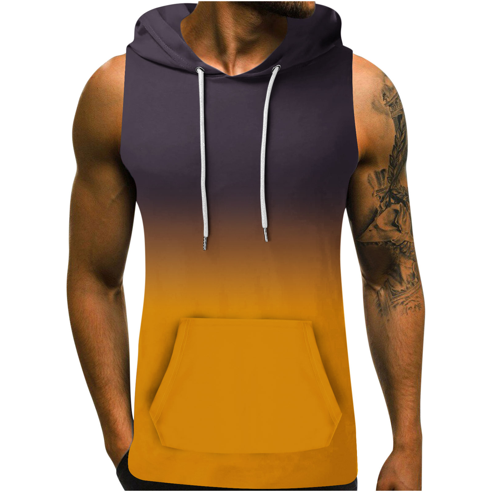 lcziwo Débardeurs de Gym pour Hommes à Capuche, Débardeurs d'Entraînement pour Hommes à Capuche Sans Manches à Dégradé de Couleurs, Chandails à Capuche d'Été à Cordon, Chandails de Musculation, Jaune, G