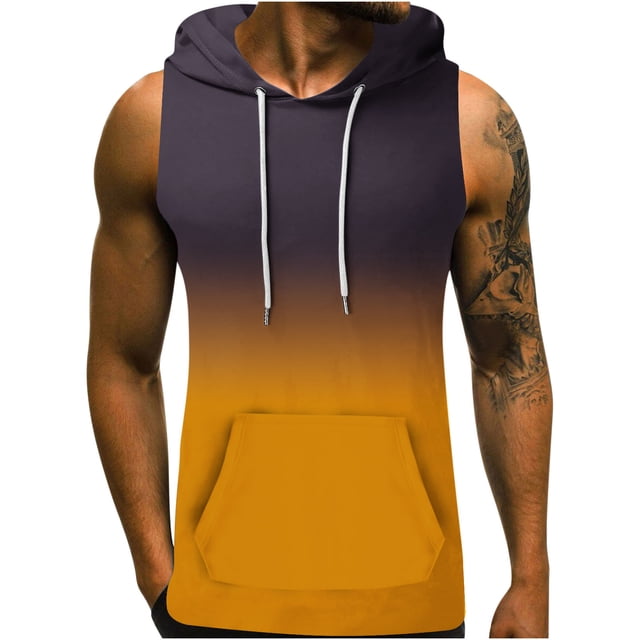 lcziwo Débardeurs de Gym pour Hommes à Capuche, Débardeurs d'Entraînement pour Hommes à Capuche Sans Manches à Dégradé de Couleurs, Chandails à Capuche d'Été à Cordon, Chandails de Musculation, Jaune, G