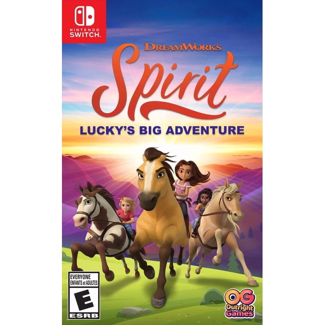 DreamWorks Spirit Lucky's Big Adventure Nintendo Switch game cover Montrant des Chevaux et des Cavaliers Animés Galopant sur un Champ Vert avec des Montagnes Violettes et un Ciel au Coucher du Soleil, avec le logo Nintendo Switch et la Cote ESRB pour Tous, Convient aux Joueurs Qui Aiment les Aventures en Monde Ouvert et le Jeu avec Soins aux Chevaux.