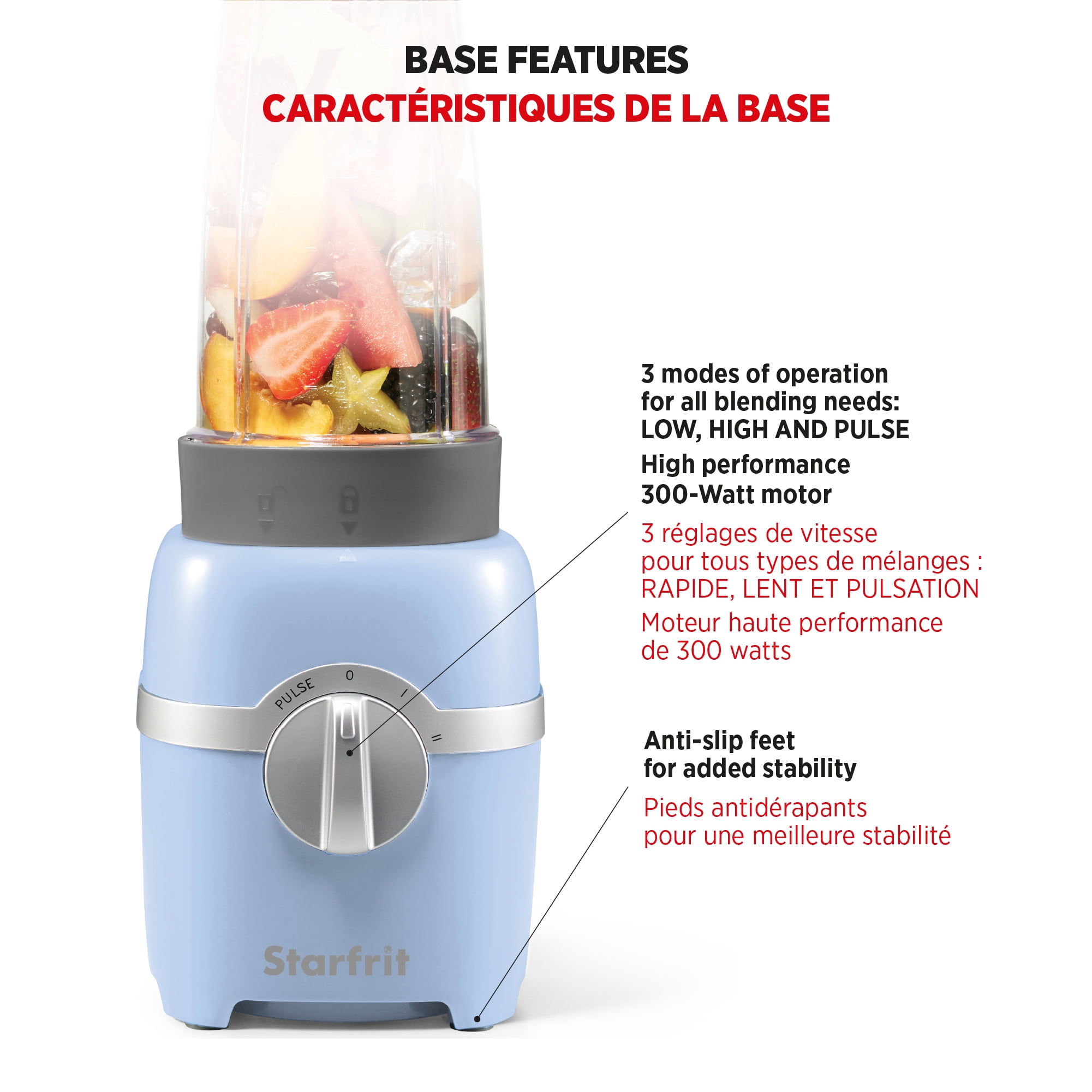 Starfrit 7 pcs  Personal Blender, 2 x 28oz (828ml) cups, 2 x travel lids, 2 blades, 3 speed modes: Low, High & Pulse, 300W