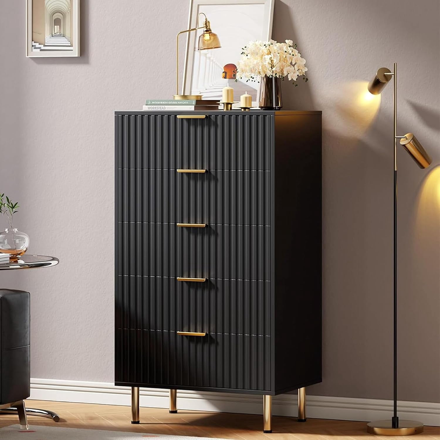 Black 5 Drawer Dresser for Bedroom, Fluted Tall Dresser with Large Drawers and Sturdy Gold Legs Support, Dressers & Chests of Drawers for Bedroom, Living Room, Kids' Room