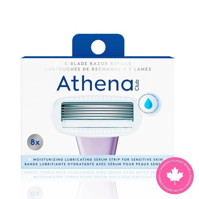 Athena Club Razor Blade Refill, 8 ct, showing a white razor cartridge with five stainless steel blades and a moisturizing serum strip with shea butter and hyaluronic acid for sensitive skin, designed to fit Athena Club razors, displayed on a white and blue box with bilingual English-French text and a Canadian maple leaf emblem.