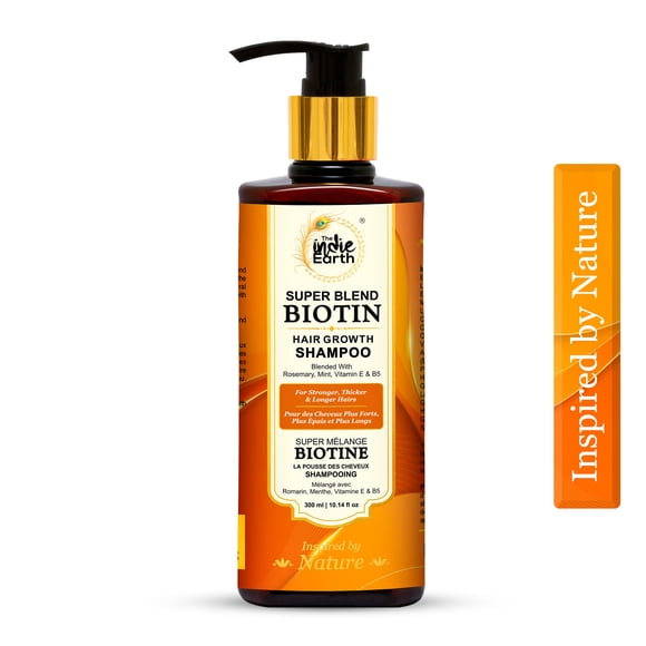 The Indie Earth Shampooing Capillaire à la Biotine pour des Cheveux Plus Forts, Plus Épais et Plus Longs avec Romarin, Menthe, Vitamine E et B5 / Shampooing pour la Pousse des Cheveux pour des Cheveux en Santé, Ne Contient Pas de SLS, Pas de SLES, Sans Parabènes 300 ml