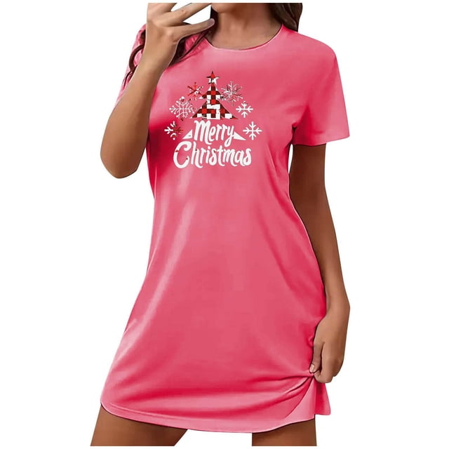 Sakmal Robes Moomoo Roses pour Femmes Noël Ultra Douces Grande Taille Extensibles Robe de Maison Imprimé Merry Christma Manches Courtes Col Rond Courtes Chemises de Nuit P-2TG