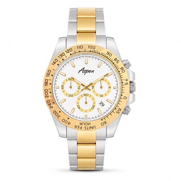 Aspen Montre pour Homme, Montre Analogique en Métal 43 mm, Quartz Japonais, Bracelet en Acier Inoxydable - Calendrier de Date, Multifonction, Double Heure, 12 H/24 H, Lunette Rotative, Aiguilles Éclairées et Index - Bicolore