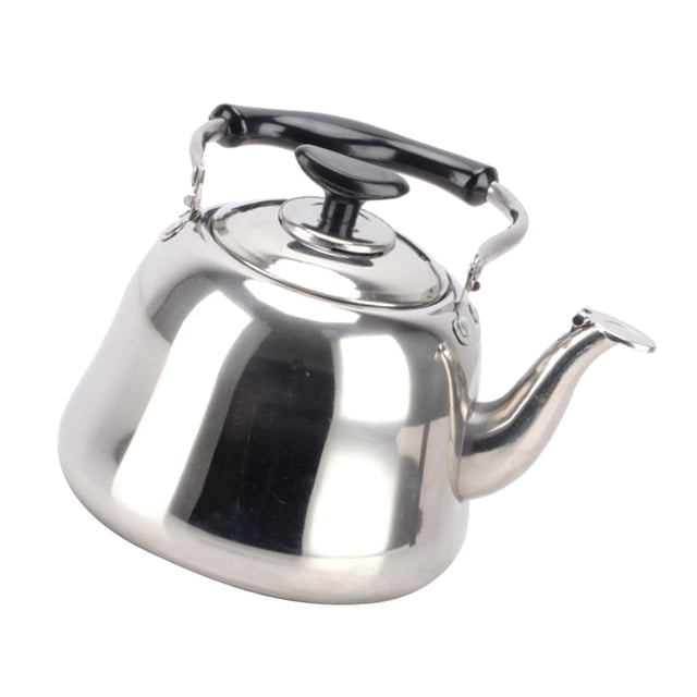 3L large capacity stainless steel whistling kettle with infuser, featuring a durable silver body, black PP plastic grooved handle, and a curved spout. Ideal for boiling water, brewing tea, or making coffee on stovetop, gas, electric, and induction cooktops. Often used for camping or travel due to its lightweight design.