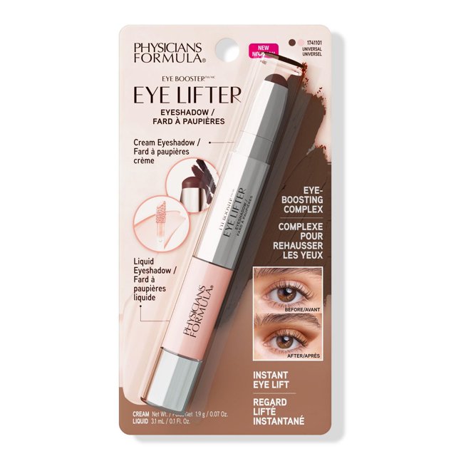 Eye Booster Eye Lifter by Physicians Formula, a universal 2-in-1 cream and liquid eyeshadow with eye-boosting complex, shown in packaging with before-and-after images demonstrating instant eye lift and brightening effect.