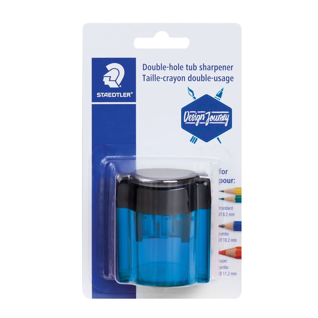 Staedtler Manual pencil Metal Sharpener with dual holes and hinged lid, featuring blue translucent tub and black top, designed for standard, jumbo, and super jumbo pencils, ideal for office and school use with clean shaving collection.