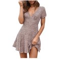 thumbnail image 3 of Fridja Womens Geometry Dot Printed Mini Dress V Neck Cocktail Party Beach Dress, 3 of 9