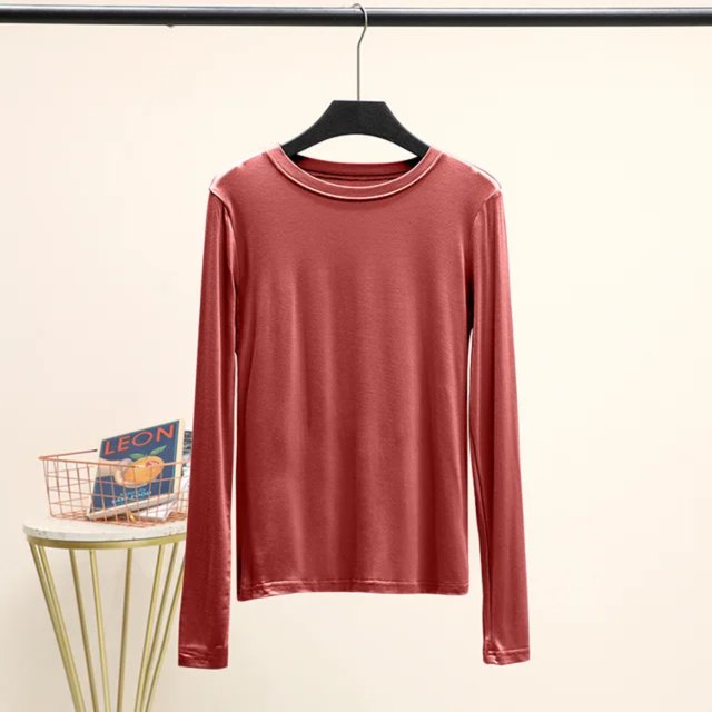 LNGOOR T-Shirt de Base Uni en Modal à Col Rond à Manches Longues pour Femmes, Automne, T-Shirt de Base, Hauts, T-Shirt Passe-Partout, Grande Taille, sous-Vêtement